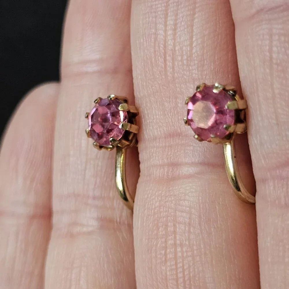 Vintage 60s Pink Topaz‎ Rhinestone Huggies Gold Tone Earrings Screwback